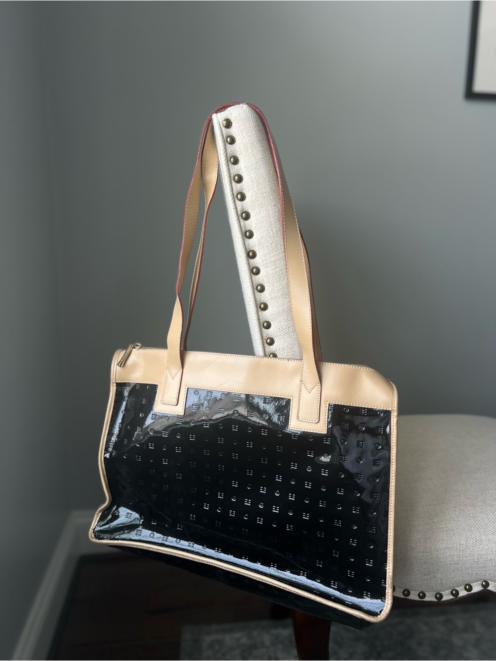 Arcadia Black Patent and Beige Trim Tote Bag